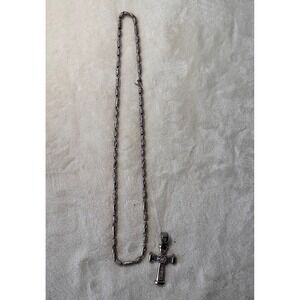 925 Sterling Silver Cross Pendant and Barrel Link Chain Necklace